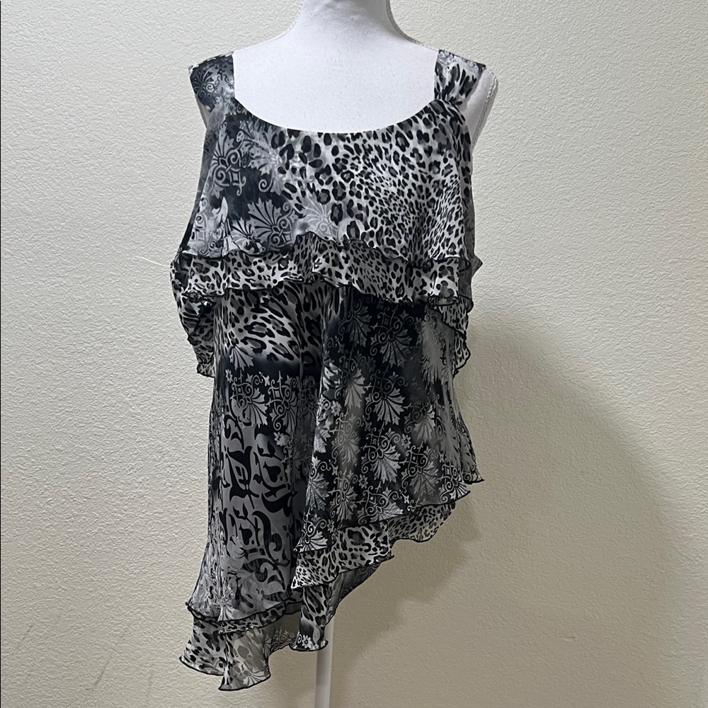 Women's Black and Gray Ruffled Blouse